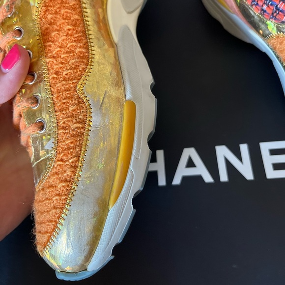 CHANEL Orange Gold Tweed Suede Lace up CC Sneakers - Picture 12 of 16